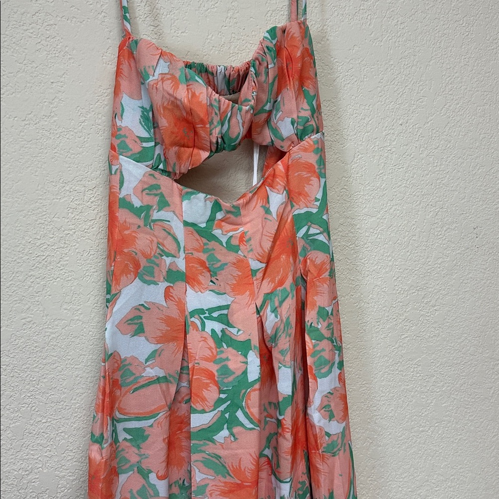 Hello Molly Coral Floral Midi Dress with Green Leaves - Picture 3 of 4